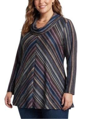 CLIENTELE Chevron Stripe Cowl Neck Tunic Top Purple Multi Made in Canada XL Boho